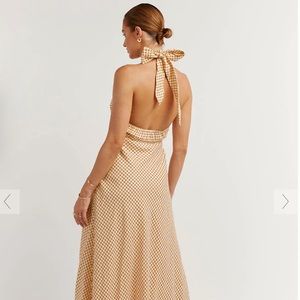 Diish 100 percent linen orange houndstooth print halter maxi dress NWT